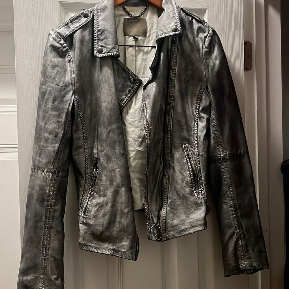 MUUBAA Leather Jacket - Size 6 - Gray Women’s Jacket - Distressed / Silver
